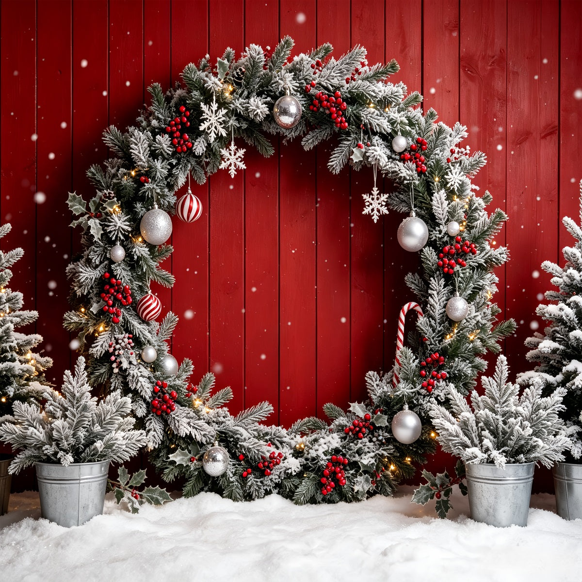 Christmas Photo Booth Backdrop Frosted Red Wreath Wall Christmas Backdrops Photography CSH69-69
