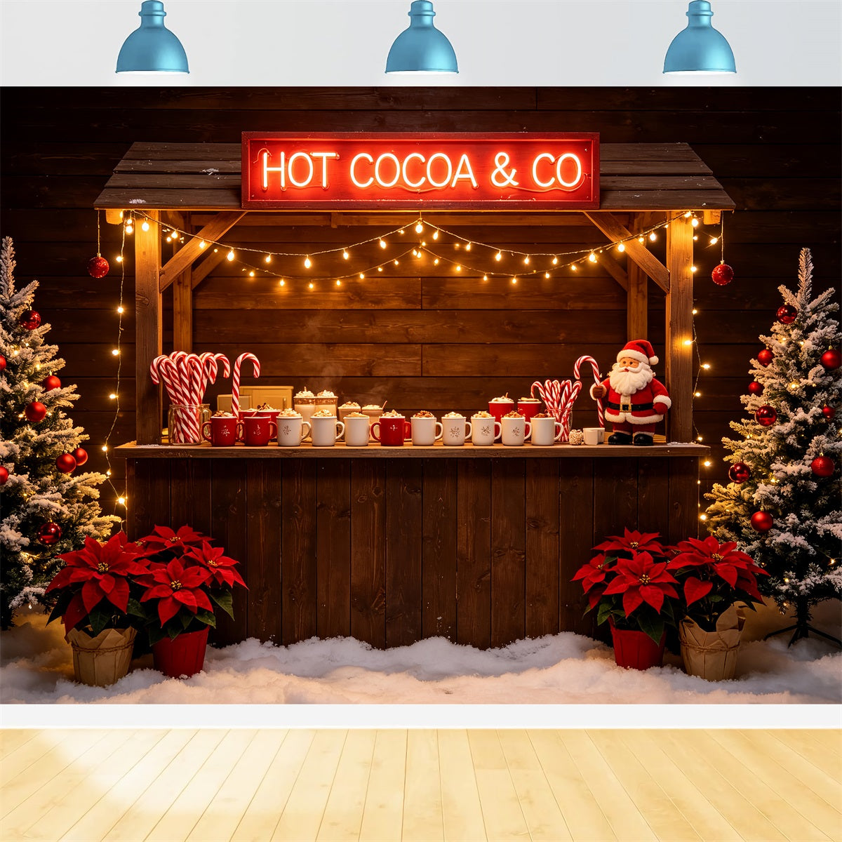 Christmas Backdrop For Party Hot Cocoa Wooden Bar Christmas Party Backdrop CSH69-74