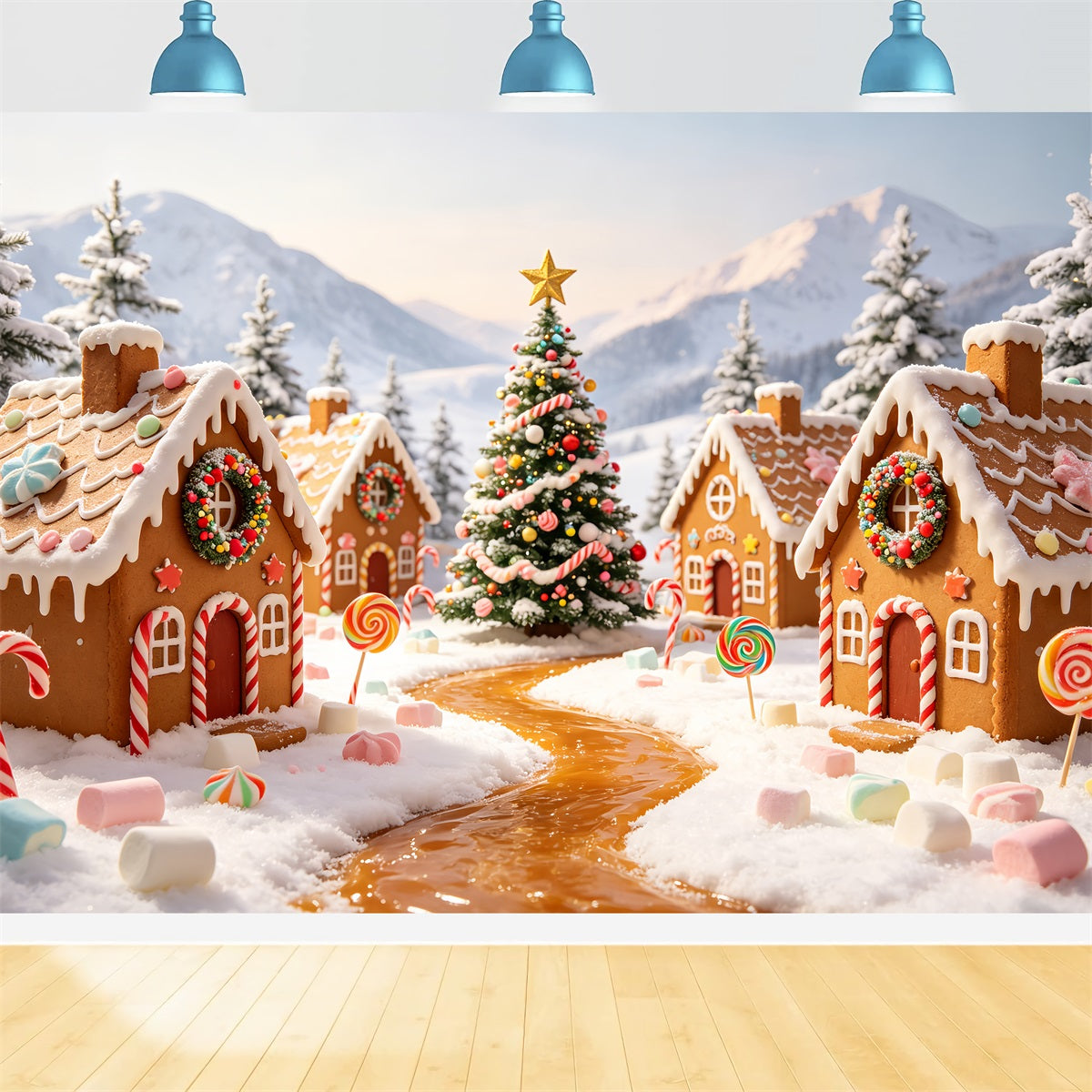 Gingerbread House Backdrop Candyland Snowy Village Gingerbread House Backdrops CSH69-76
