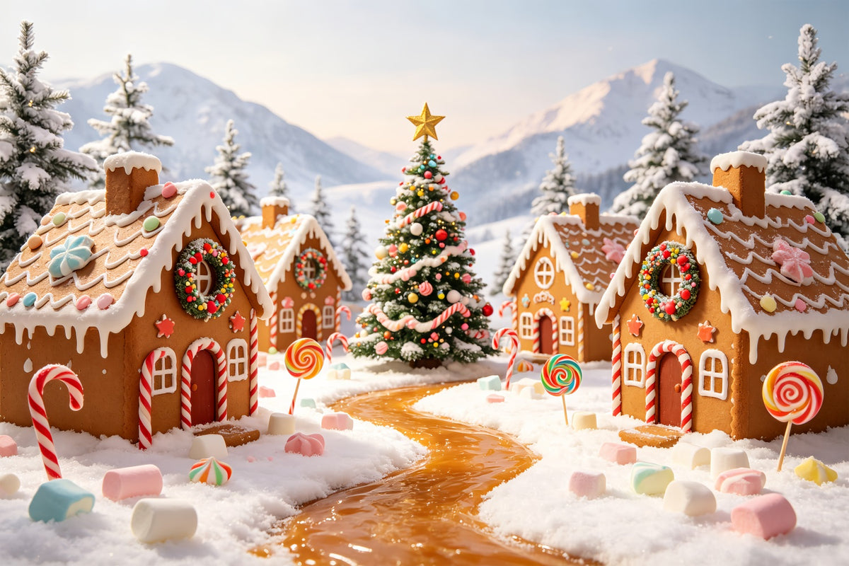 Gingerbread House Backdrop Candyland Snowy Village Gingerbread House Backdrops CSH69-76