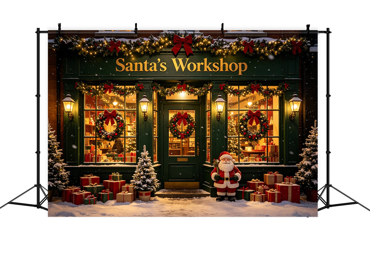 Santa's Workshop Photo Backdrop Snow Green Storefront Santa Photo Backdrop CSH69-78