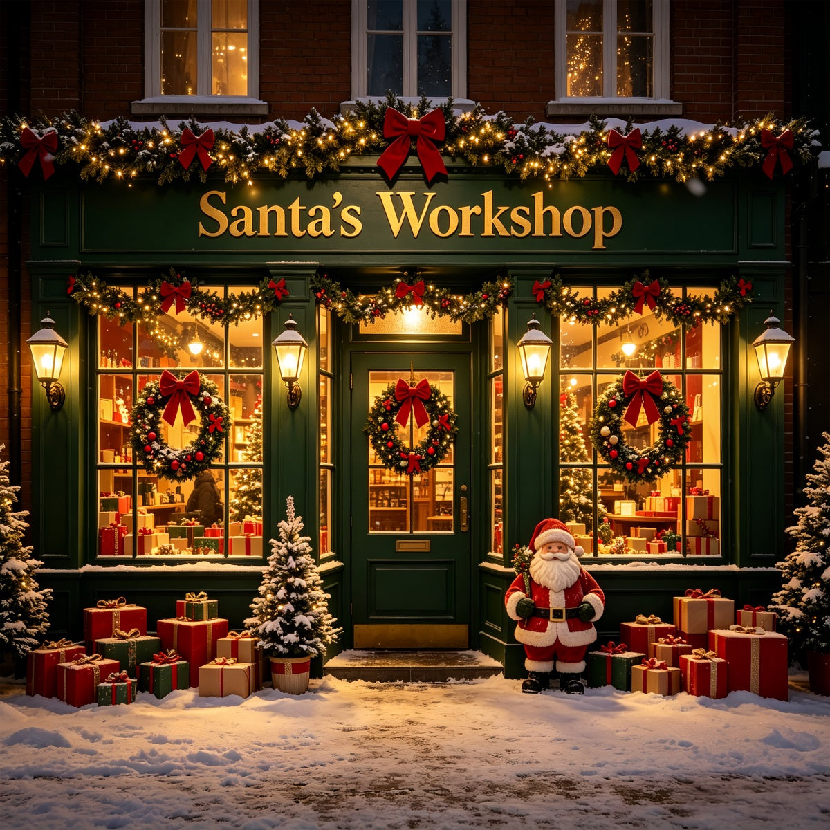 Santa's Workshop Photo Backdrop Snow Green Storefront Santa Photo Backdrop CSH69-78