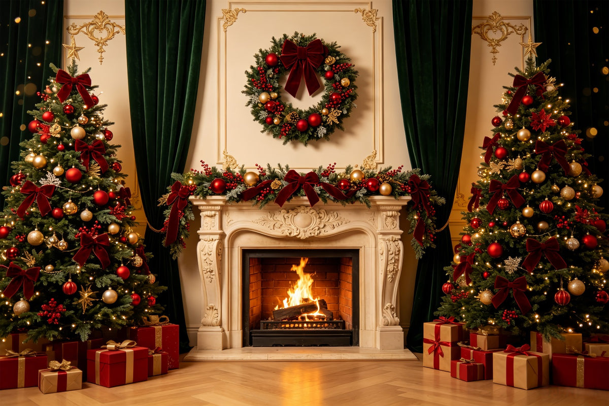 Christmas Fireplace Backdrop Elegant Wreath Retro Wall Photography Backdrop Christmas CSH69-8