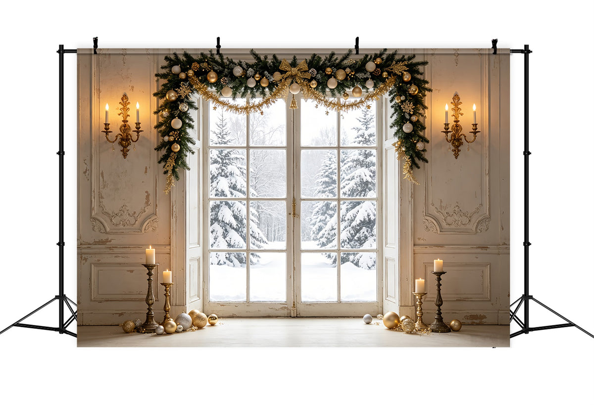 Christmas Window Backdrop Winter Pine Door View Christmas Portrait Backdrop CSH69-80