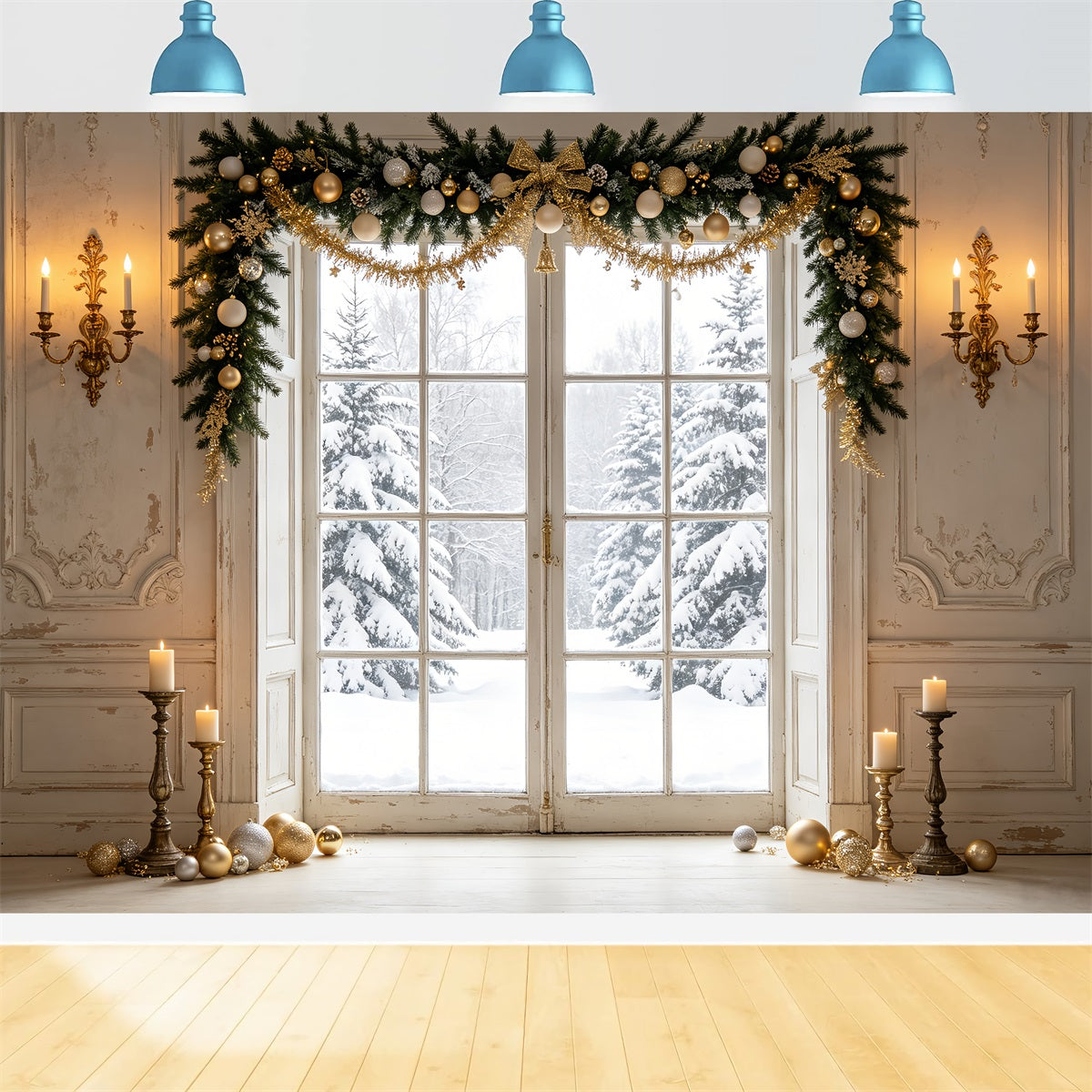 Christmas Window Backdrop Winter Pine Door View Christmas Portrait Backdrop CSH69-80