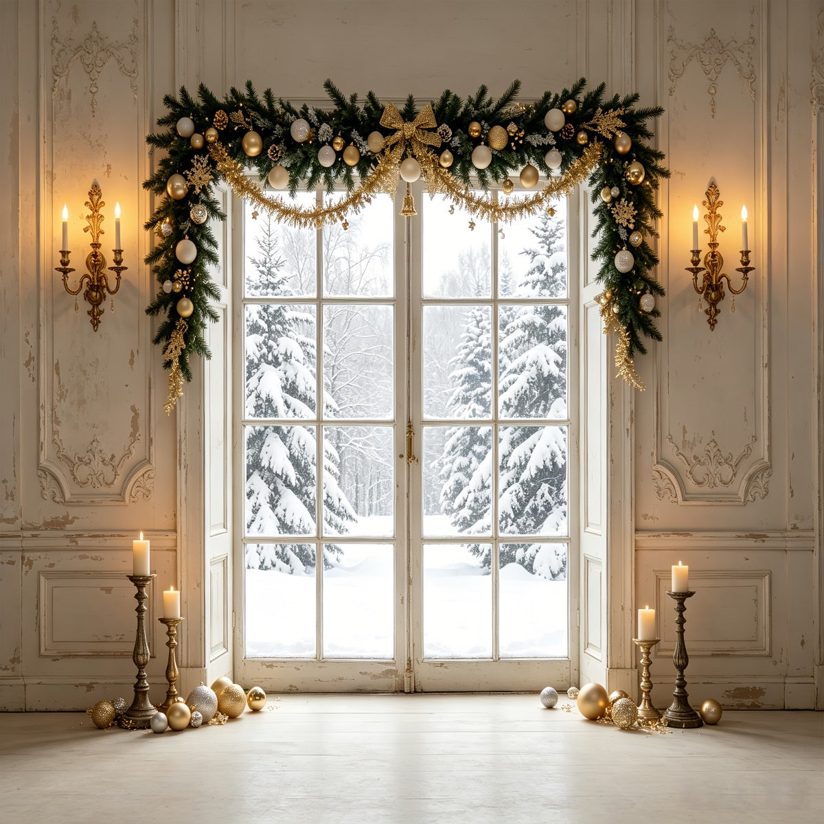 Christmas Window Backdrop Winter Pine Door View Christmas Portrait Backdrop CSH69-80