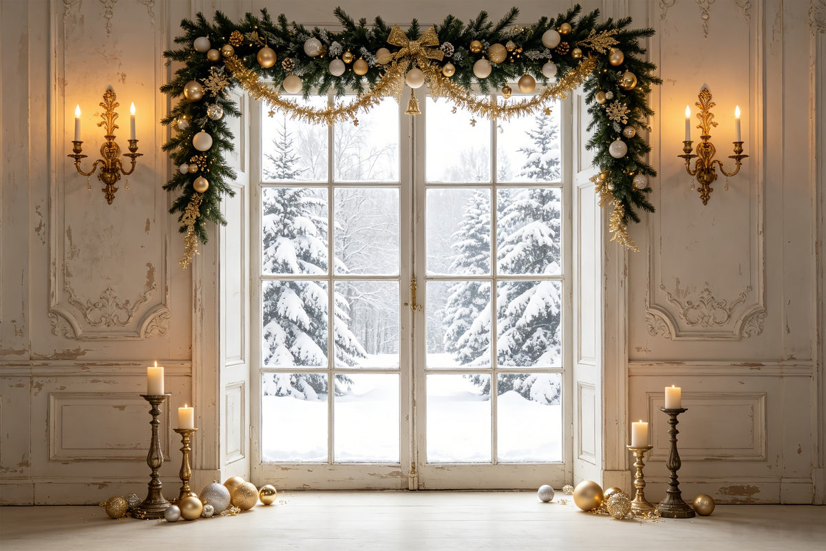 Christmas Window Backdrop Winter Pine Door View Christmas Portrait Backdrop CSH69-80