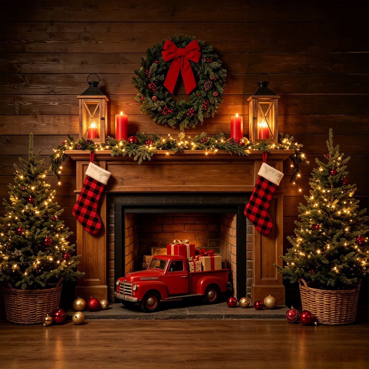 Christmas Fireplace Backdrop Rustic Fireplace Truck Display Western Christmas Backdrop CSH69-81
