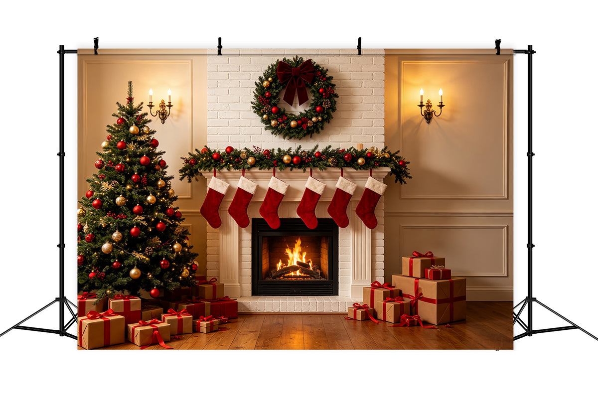 Christmas Fireplace Backdrop Classic White Fireplace Mantel Christmas Photo Backdrops CSH69-82
