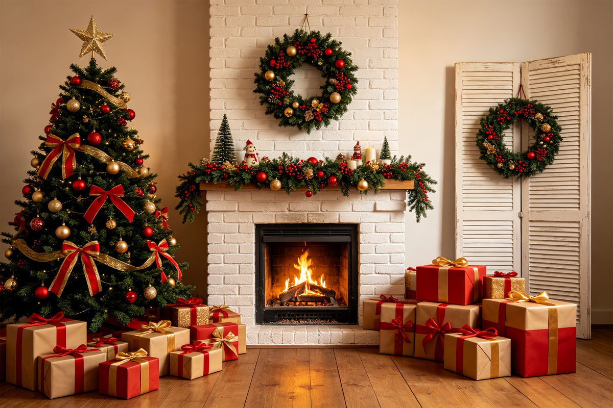 Christmas Fireplace Backdrop White Brick Fireplace Decor Christmas Photography Backdrop CSH69-84