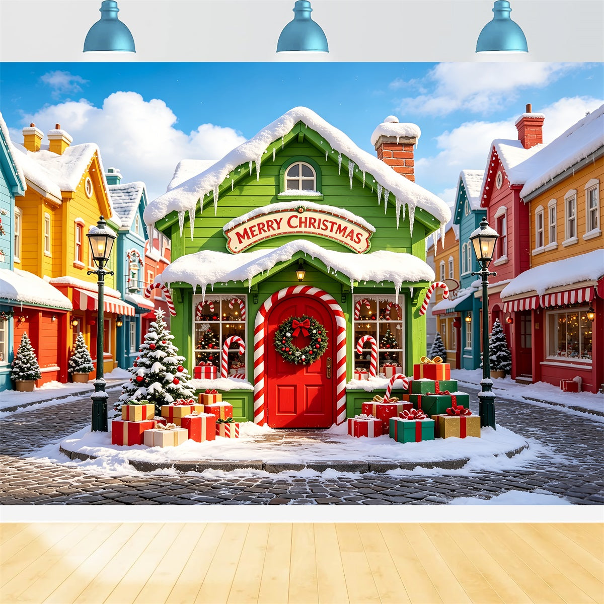 Christmas Village Backdrops Snow Colorful Street House Xmas Backdrop CSH69-86