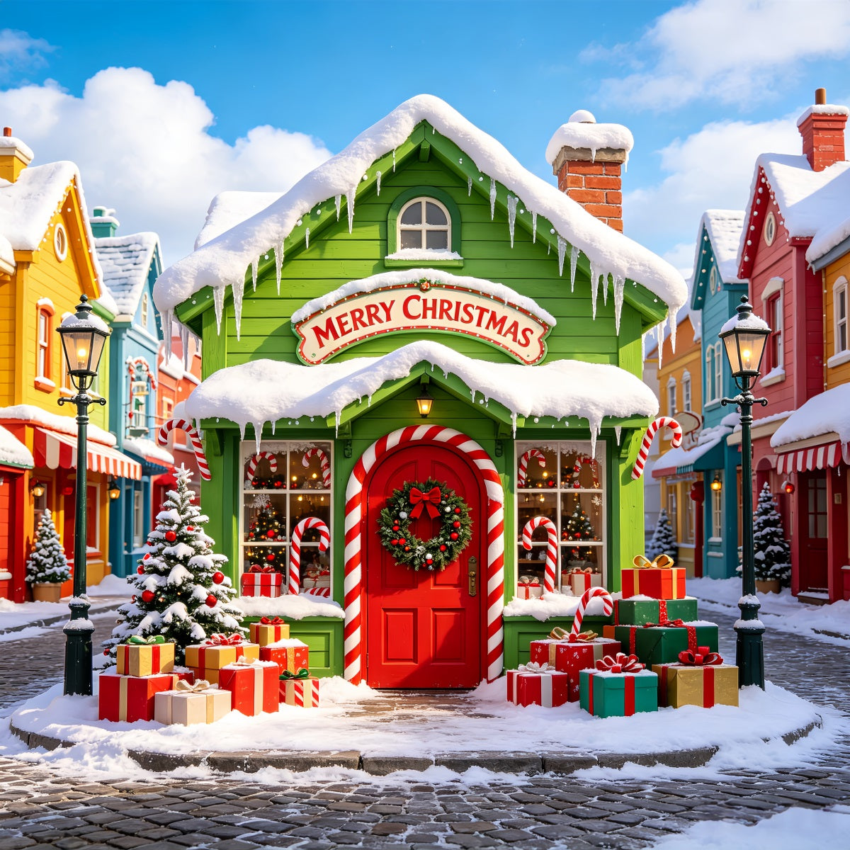 Christmas Village Backdrops Snow Colorful Street House Xmas Backdrop CSH69-86