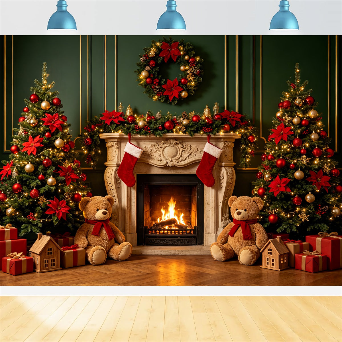 Christmas Fireplace Backdrop Teddy Bear Fireplace Decor Christmas Portrait Backdrop CSH69-89