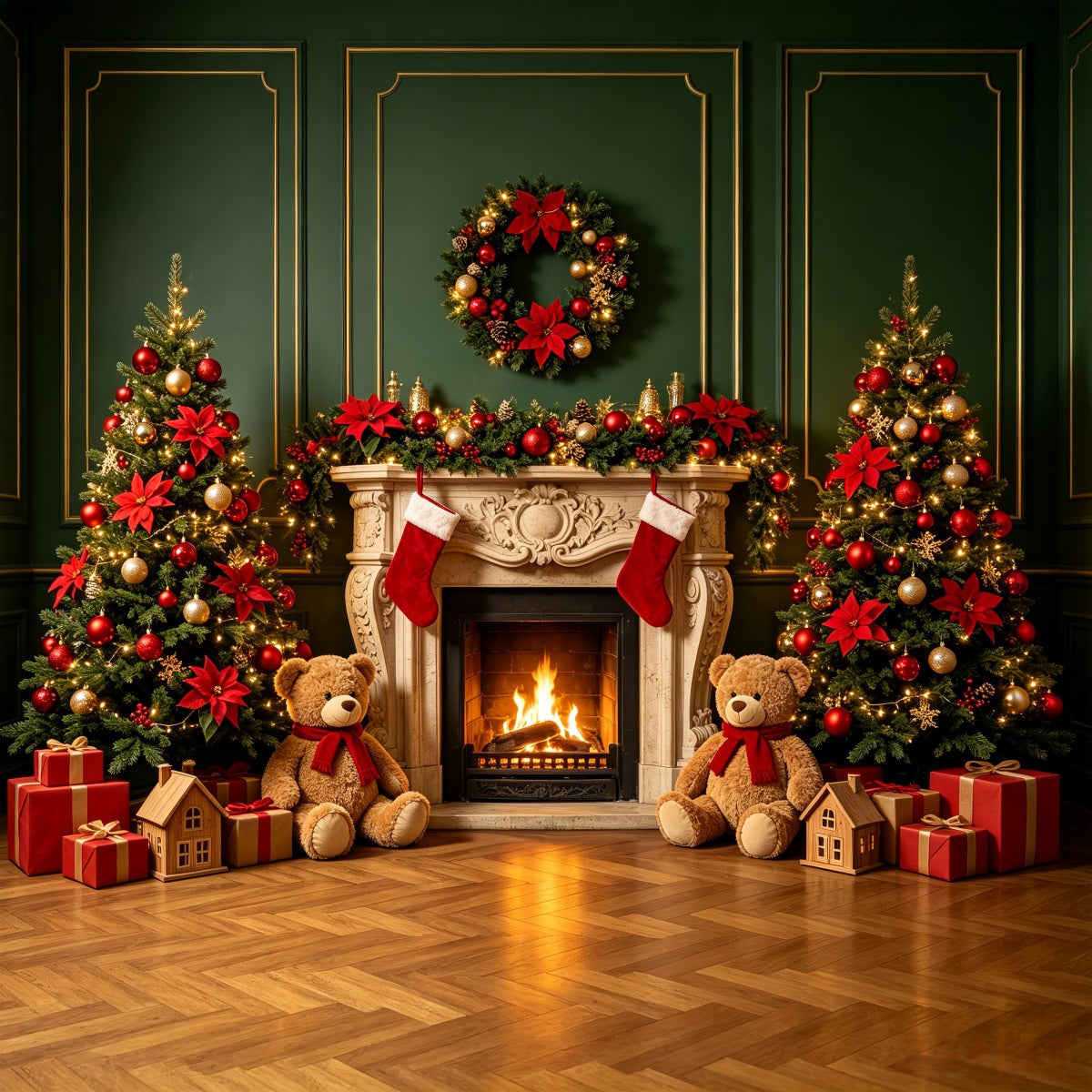 Christmas Fireplace Backdrop Teddy Bear Fireplace Decor Christmas Portrait Backdrop CSH69-89