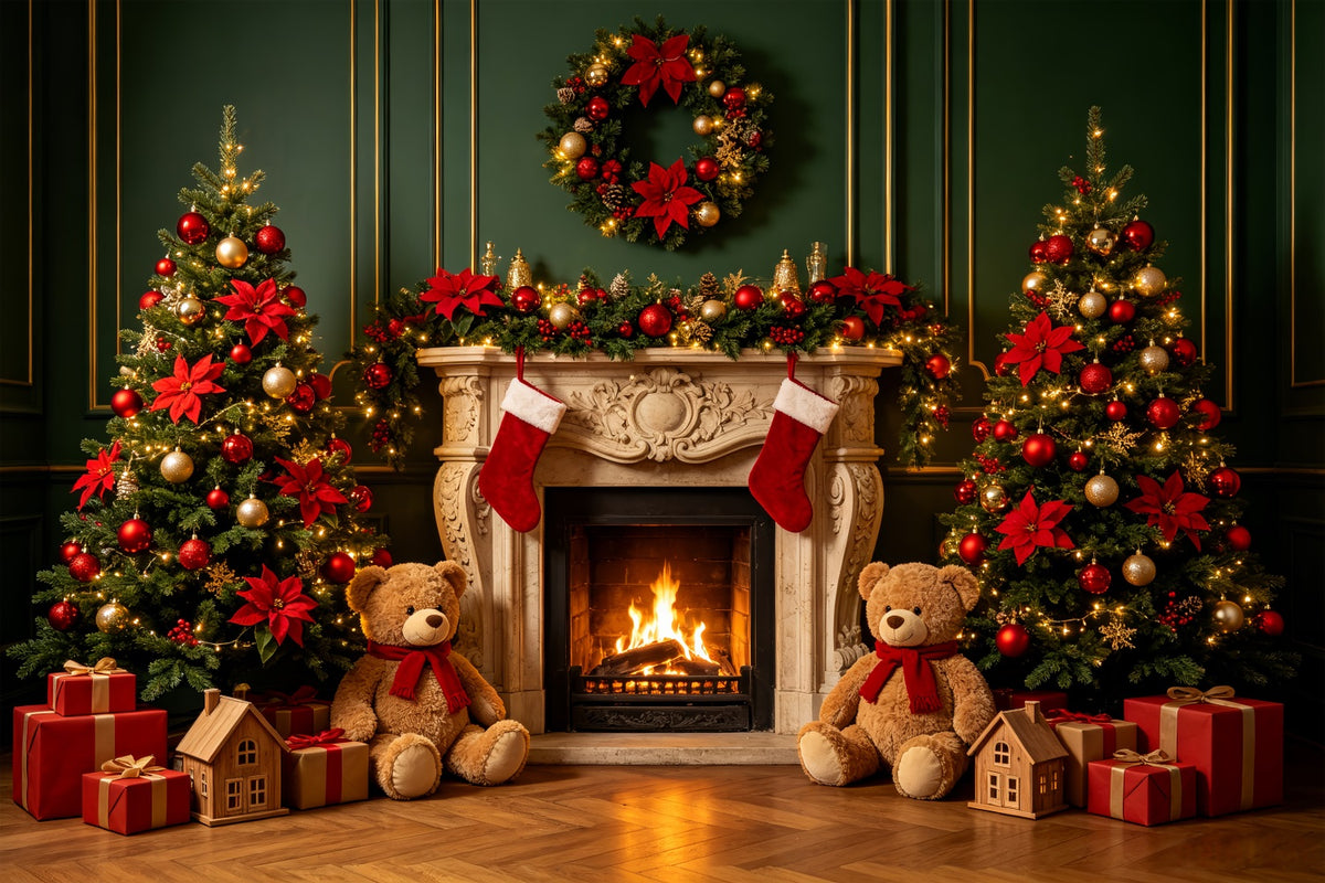 Christmas Fireplace Backdrop Teddy Bear Fireplace Decor Christmas Portrait Backdrop CSH69-89