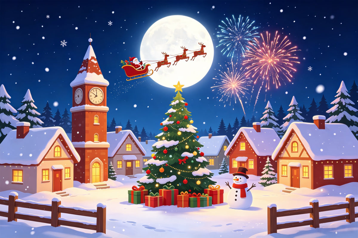 Backdrop For Christmas Village Snow Moon Fireworks Christmas Lights Backdrop CSH69-92