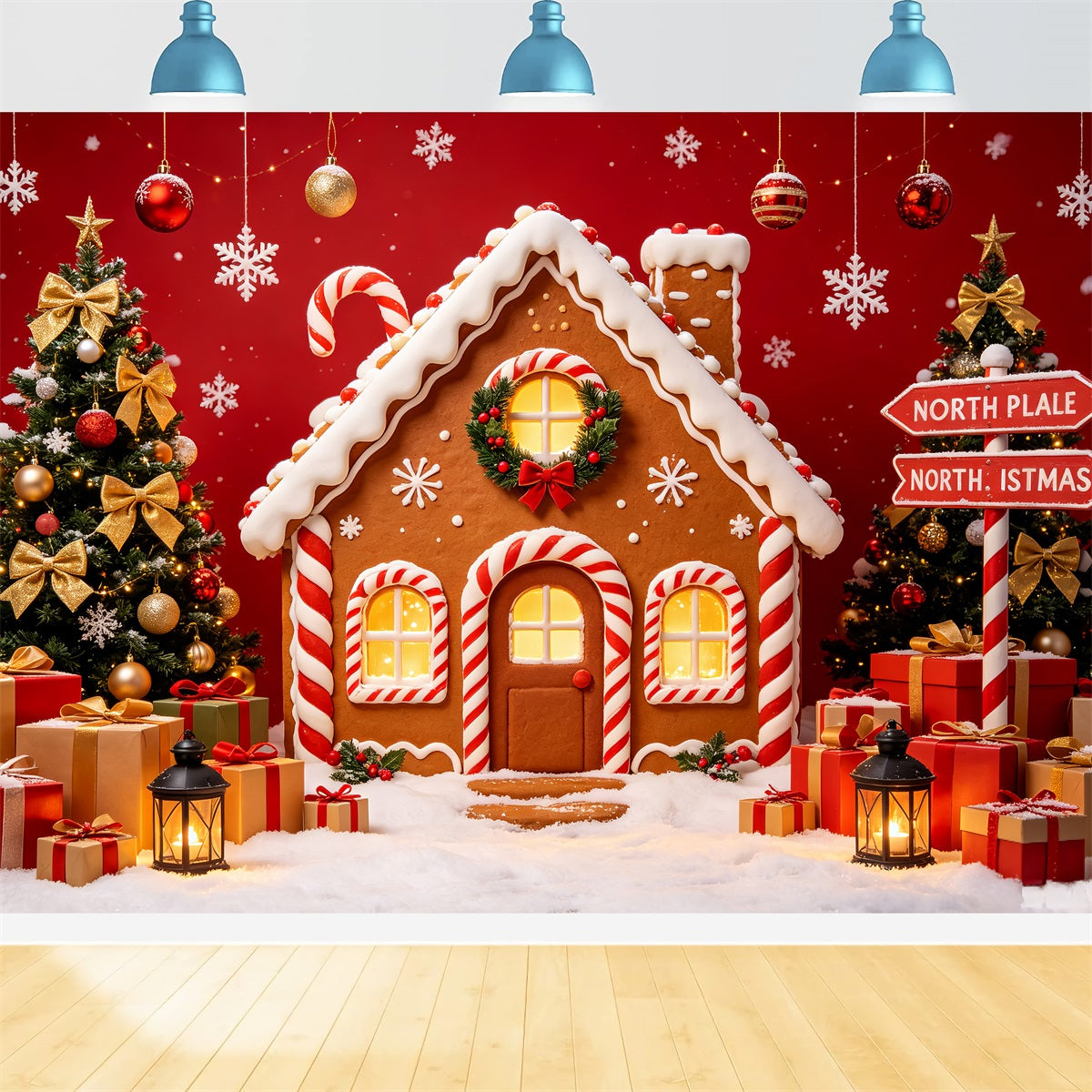 North Pole Photo Backdrop Gingerbread House Gift Display North Pole Backdrop CSH69-95