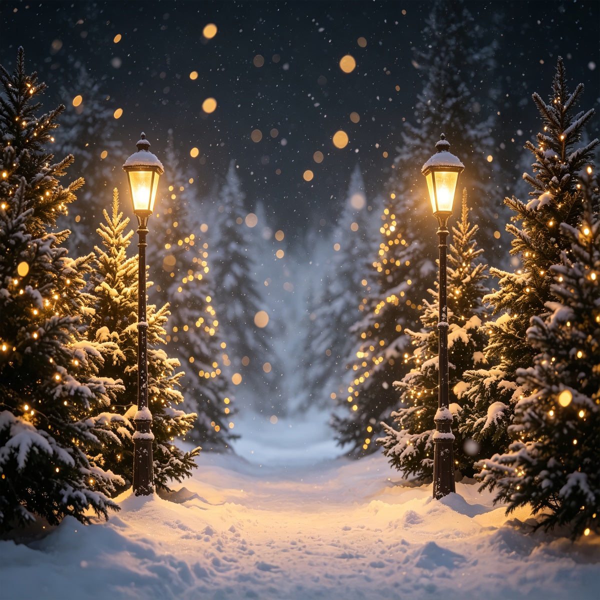 High Resolution Christmas Photo Backdrop Snowy Lantern Forest Path Outdoor Christmas Backdrop CSH69-96
