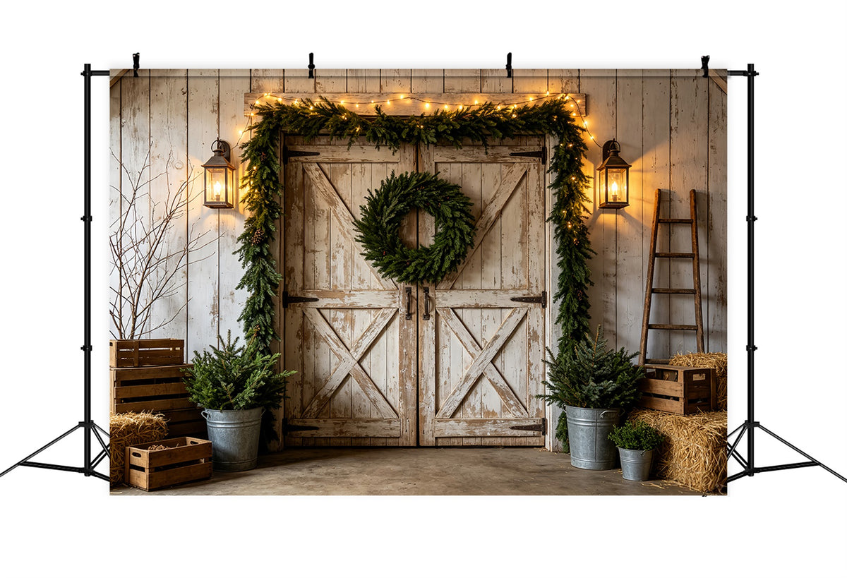 Western Christmas Backdrop Rustic White Barn Wreath Christmas Outdoor Backdrop CSH69-97