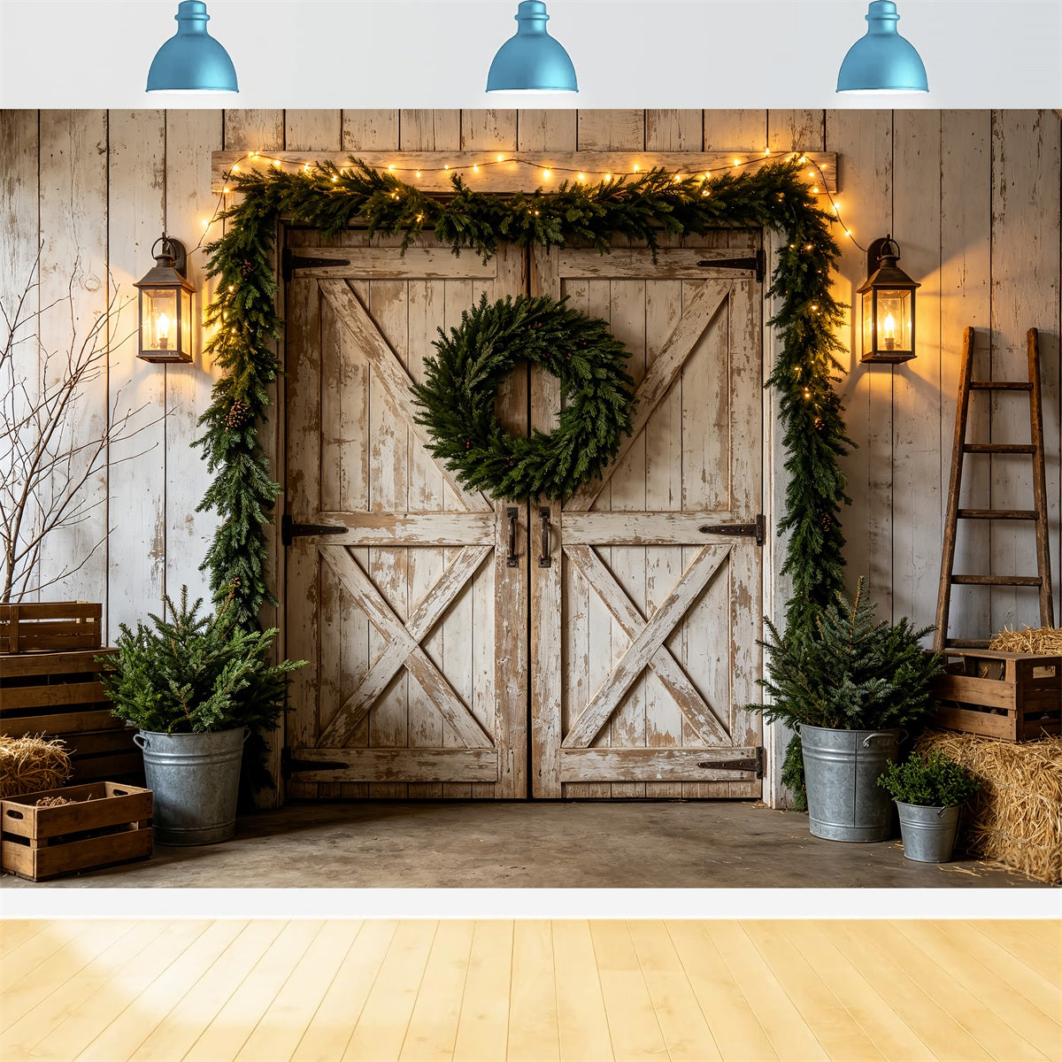 Western Christmas Backdrop Rustic White Barn Wreath Christmas Outdoor Backdrop CSH69-97