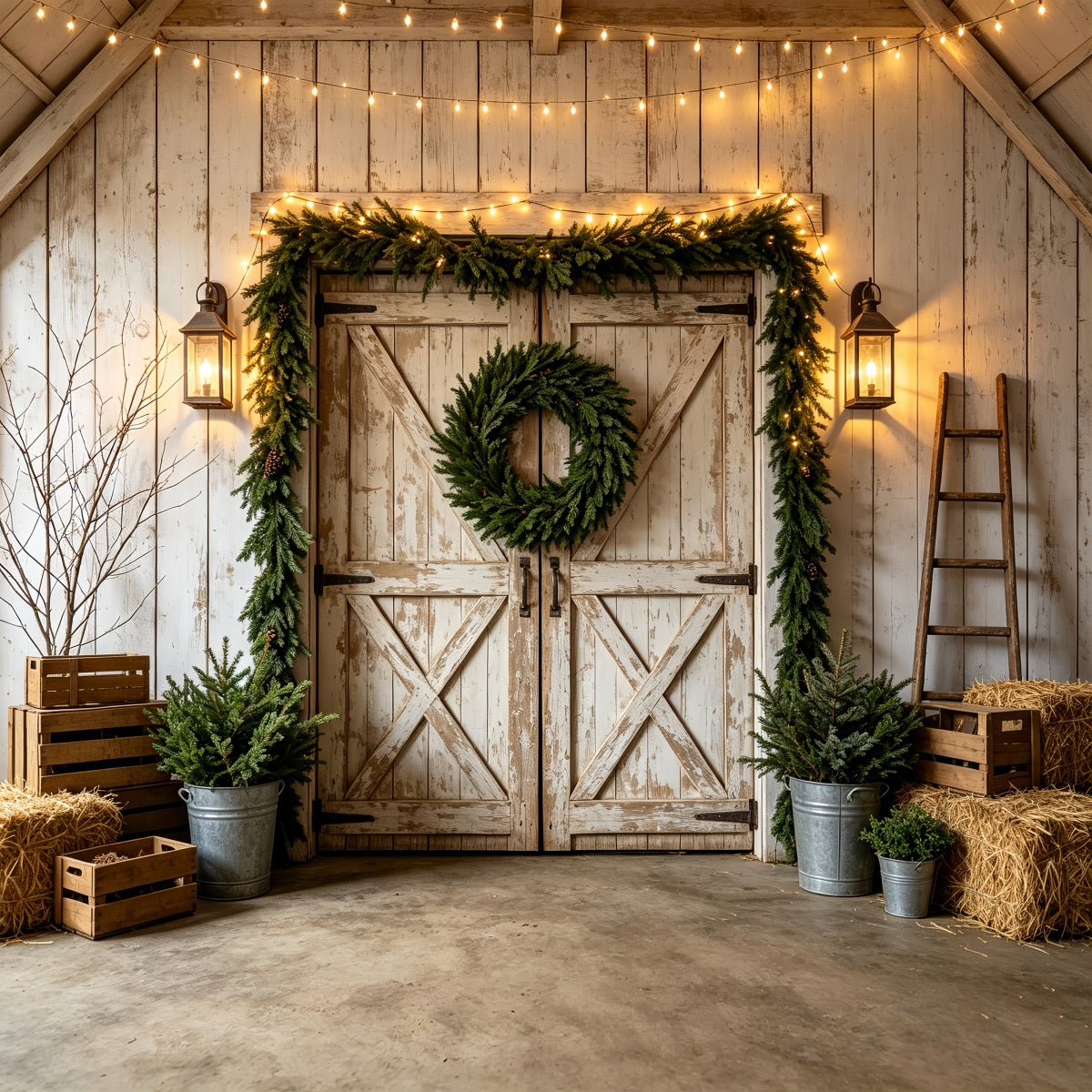 Western Christmas Backdrop Rustic White Barn Wreath Christmas Outdoor Backdrop CSH69-97