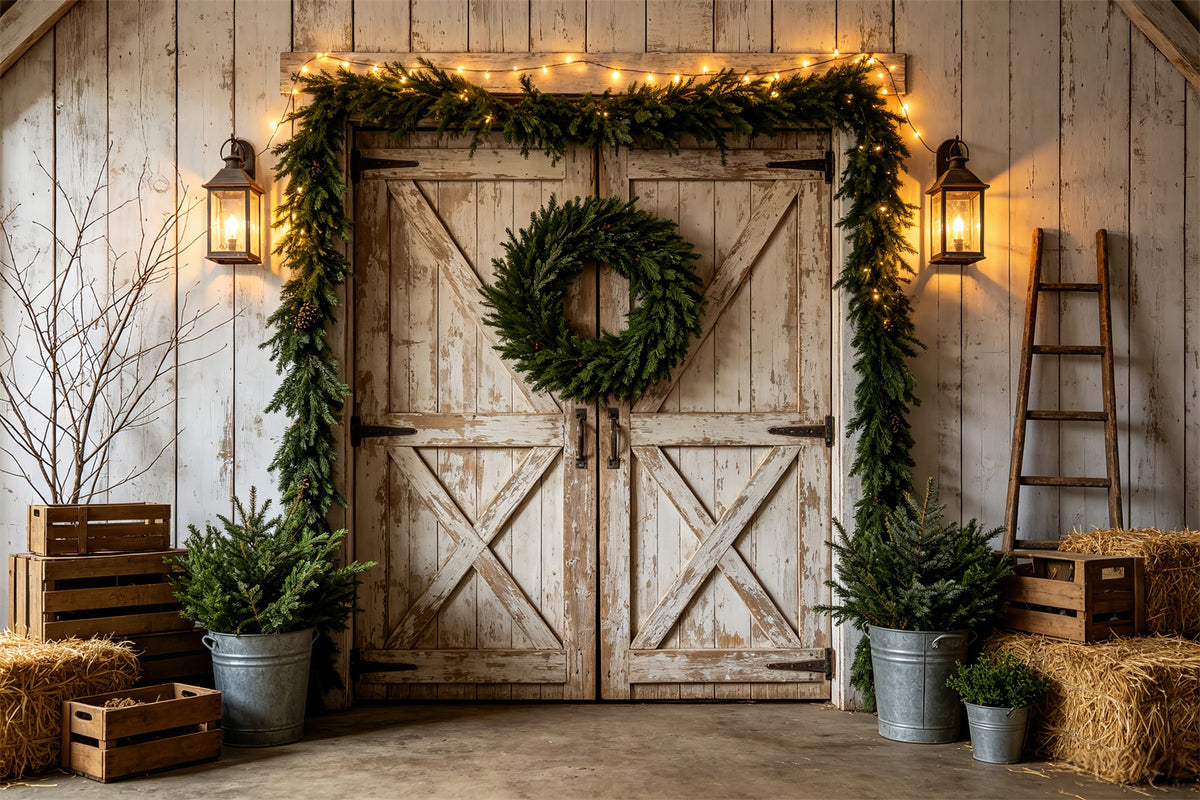Western Christmas Backdrop Rustic White Barn Wreath Christmas Outdoor Backdrop CSH69-97