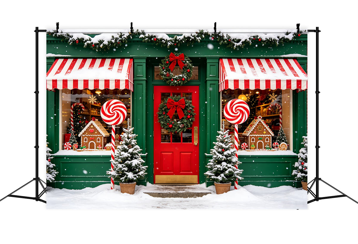 Candy Cane Backdrop Winter Shopfront Window Gingerbread Photo Backdrop CSH69-98
