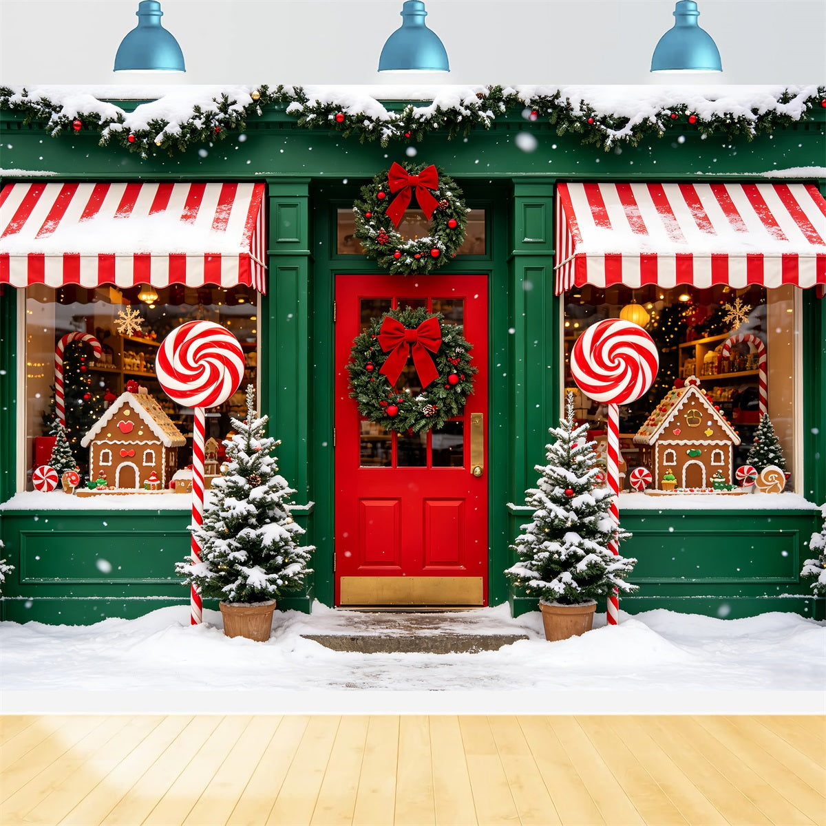 Candy Cane Backdrop Winter Shopfront Window Gingerbread Photo Backdrop CSH69-98