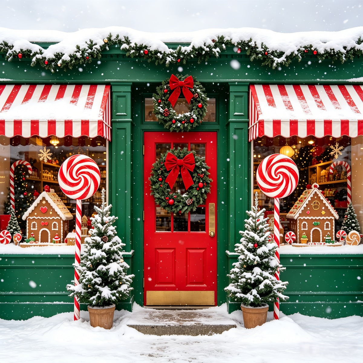 Candy Cane Backdrop Winter Shopfront Window Gingerbread Photo Backdrop CSH69-98