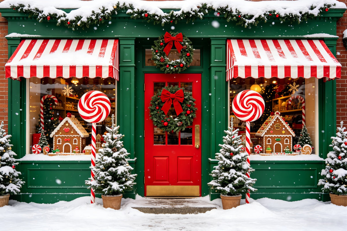 Candy Cane Backdrop Winter Shopfront Window Gingerbread Photo Backdrop CSH69-98
