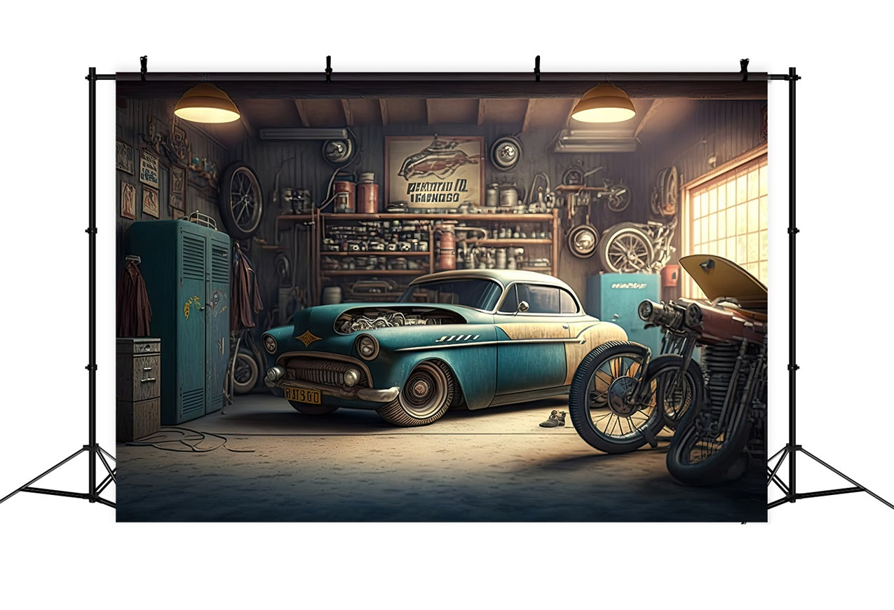 Father's Day Photo Backdrop Ideas Mechanic's Garage Backdrop GQ2-215