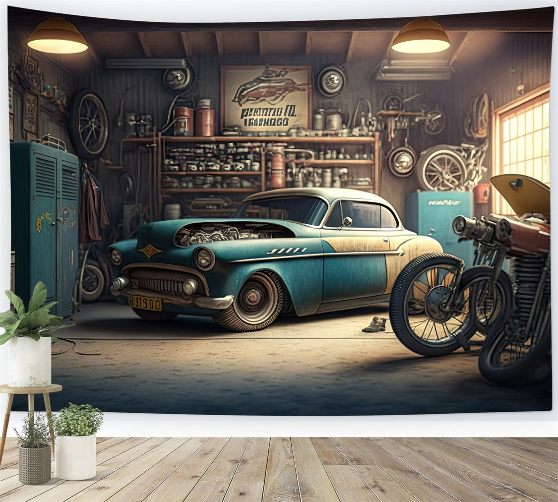 Father's Day Photo Backdrop Ideas Mechanic's Garage Backdrop GQ2-215