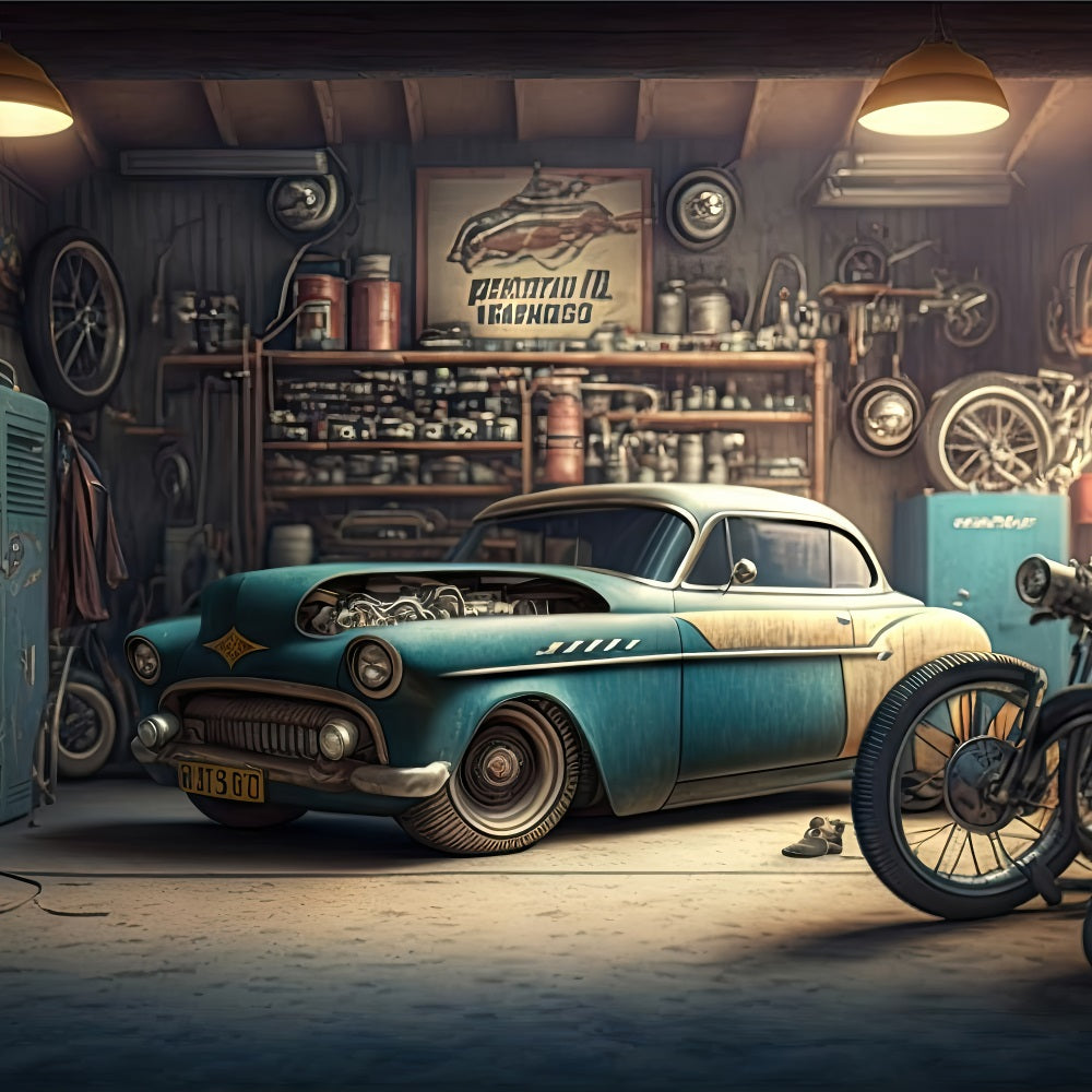 Father's Day Photo Backdrop Ideas Mechanic's Garage Backdrop GQ2-215