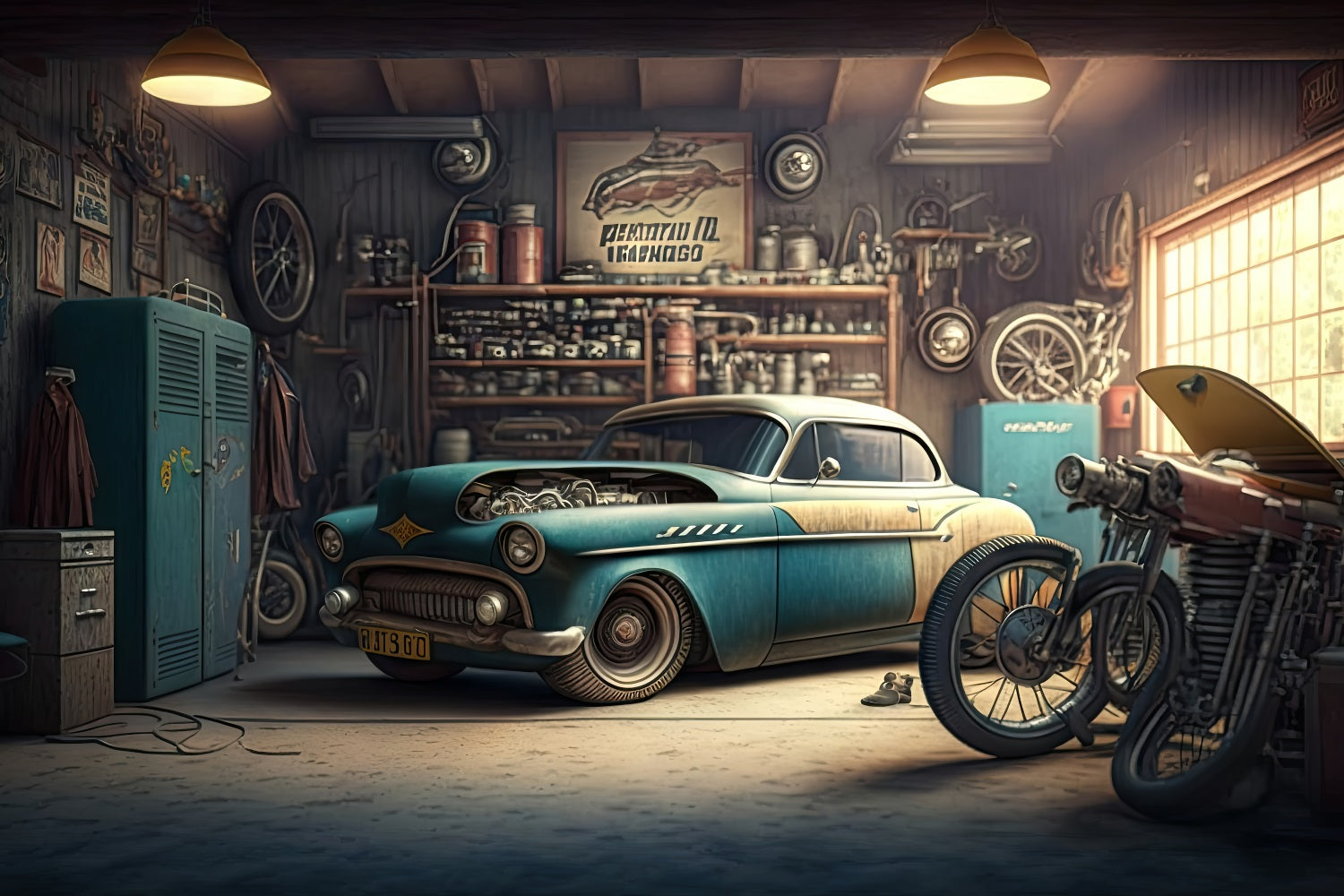 Father's Day Photo Backdrop Ideas Mechanic's Garage Backdrop GQ2-215