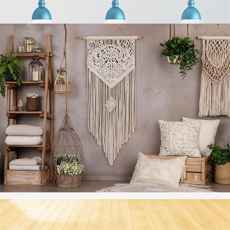 Boho Photography Backdrop Macrame Wall Green Plants Backdrop GQ2-83