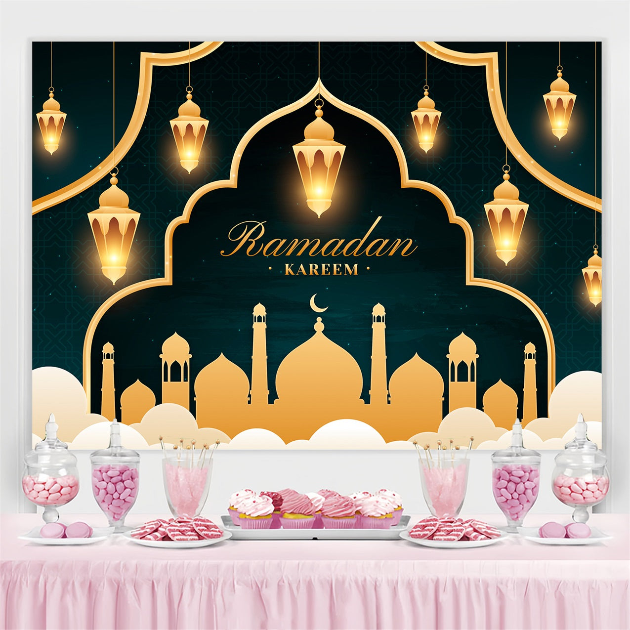 Ramadan Mubarak Backdrop Glowing Gold Lantern Arch Backdrop GQ3-10