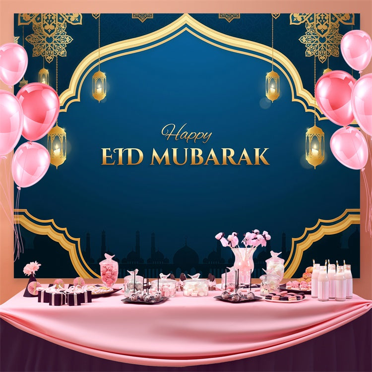 Eid Mubarak Backdrop Ornate Golden Frame Lanterns Backdrop GQ3-100