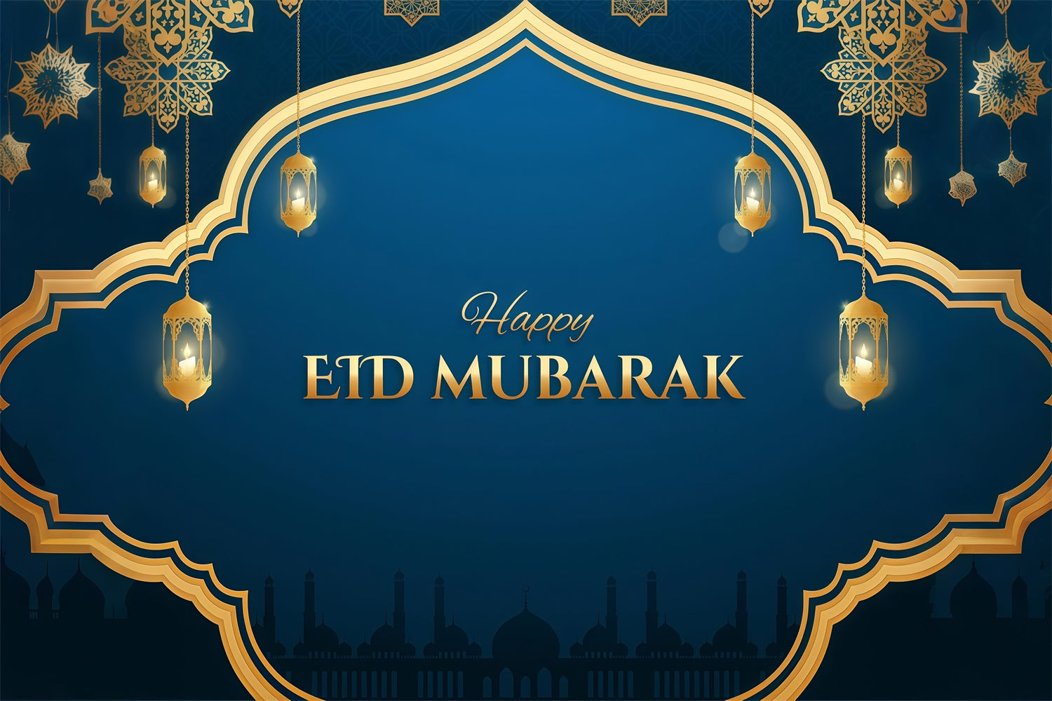 Eid Mubarak Backdrop Ornate Golden Frame Lanterns Backdrop GQ3-100
