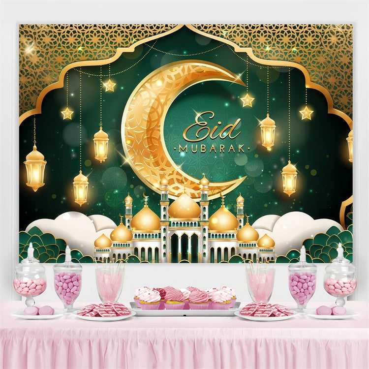 Eid Mubarak Backdrop Glowing Crescent Lanterns Festive Backdrop GQ3-101