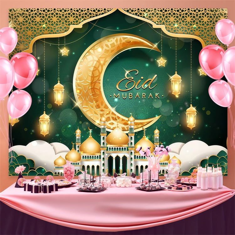 Eid Mubarak Backdrop Glowing Crescent Lanterns Festive Backdrop GQ3-101