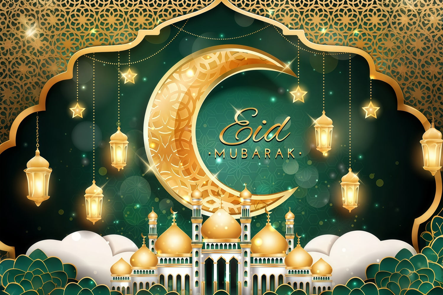 Eid Mubarak Backdrop Glowing Crescent Lanterns Festive Backdrop GQ3-101