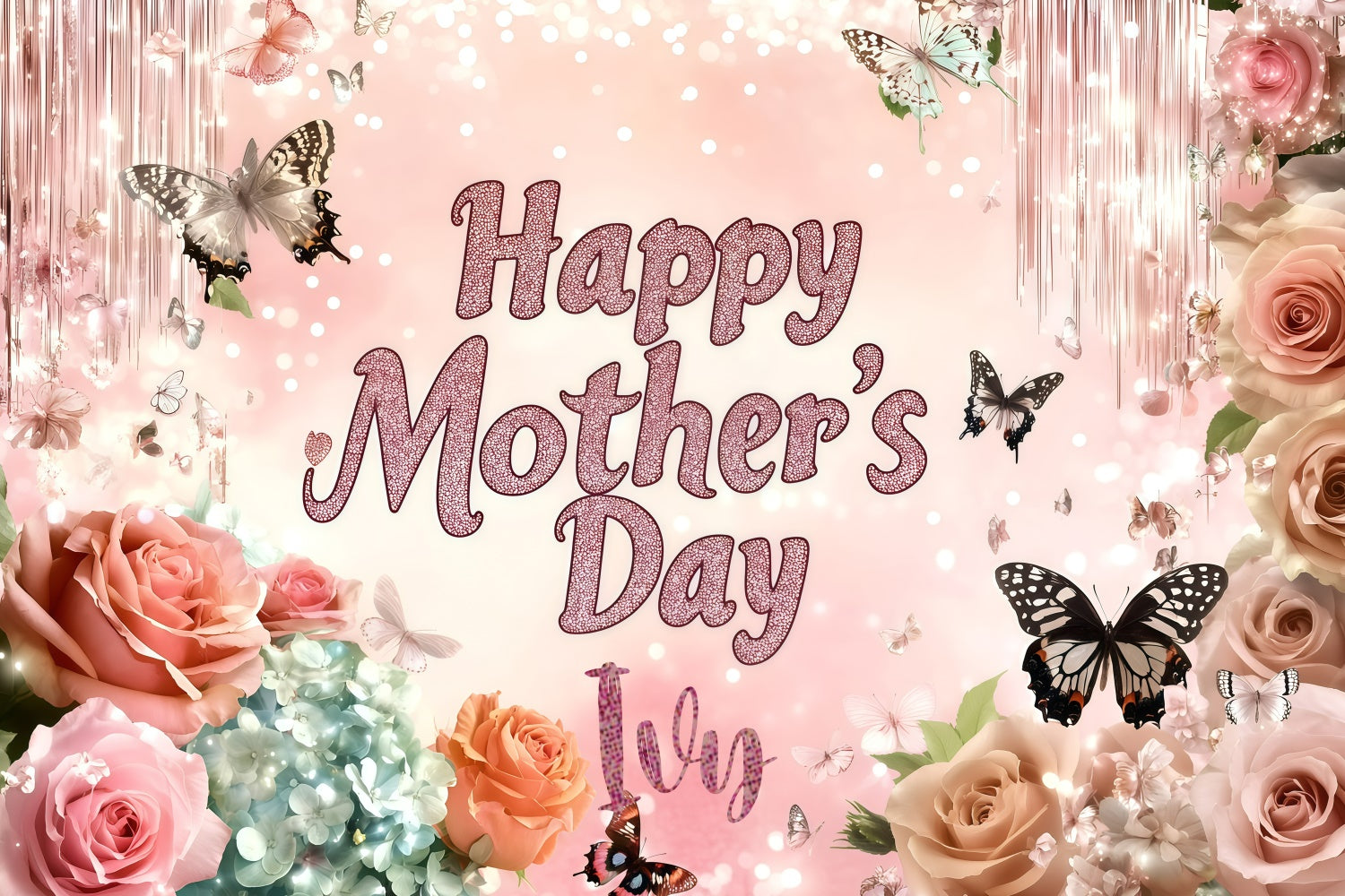 Mother's Day Backdrop Ideas Glitter Butterfly Rose Custom Backdrop GQ3-143