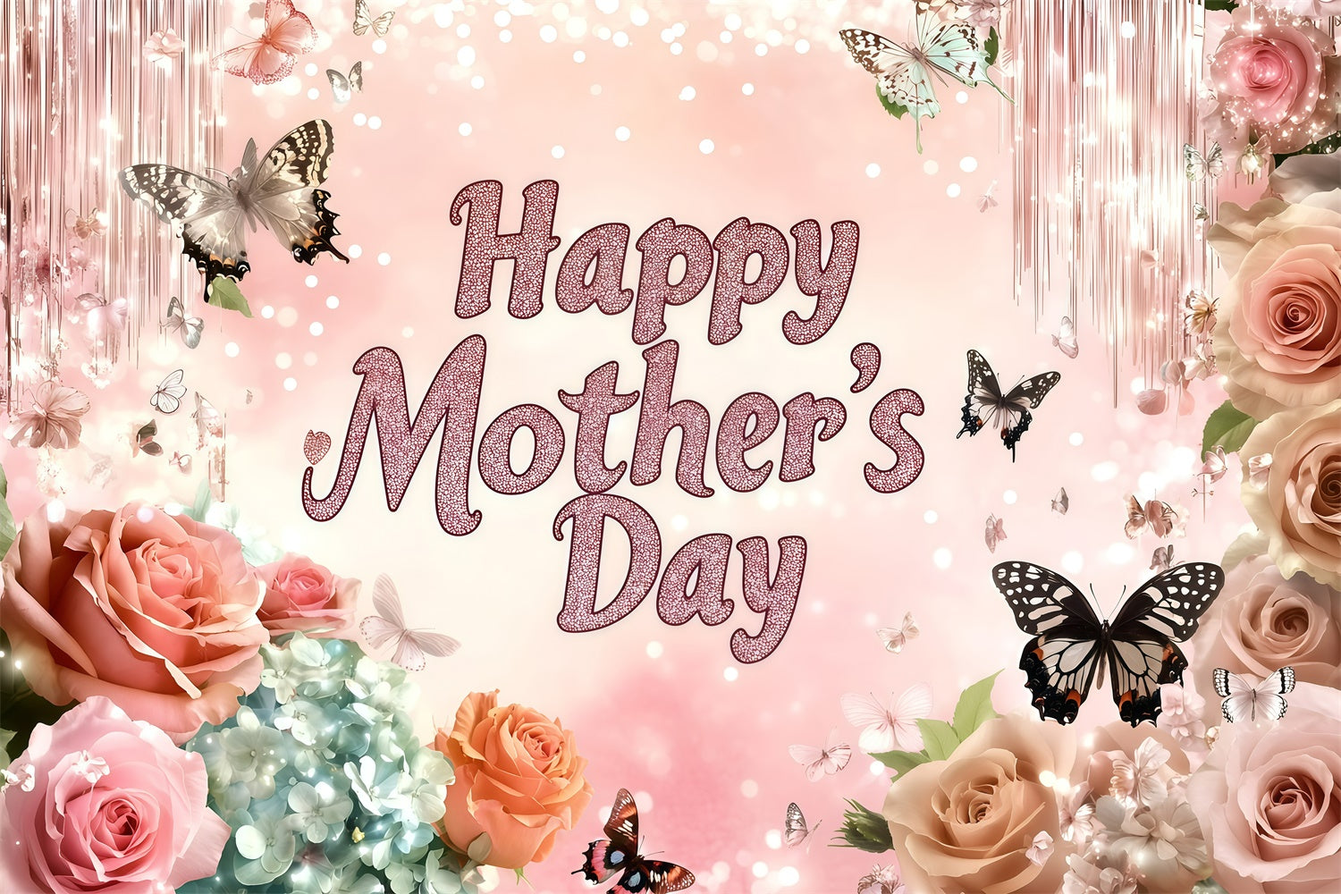 Mother's Day Backdrop Ideas Glitter Butterfly Rose Custom Backdrop GQ3-143