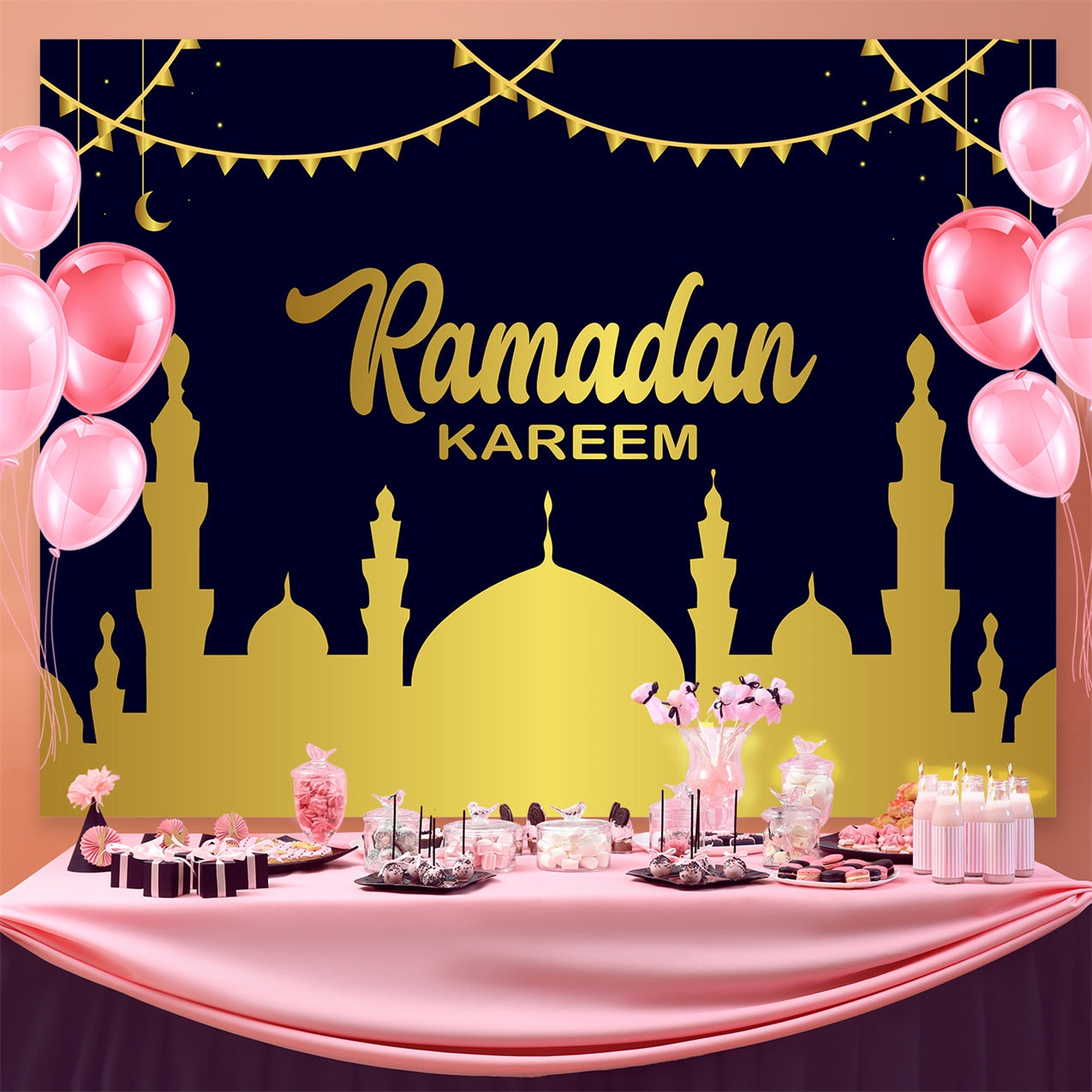 Ramadan Backdrops Glowing Moonlit Golden Mosque Backdrop GQ3-15
