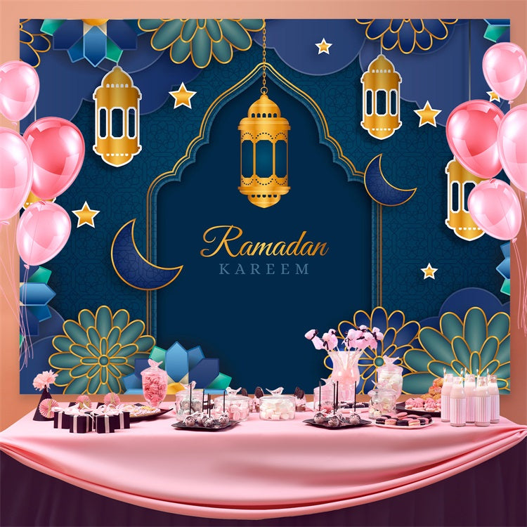 Ramadan Mubarak Backdrop Blue Gold Lanterns Floral Arch Backdrop GQ3-2