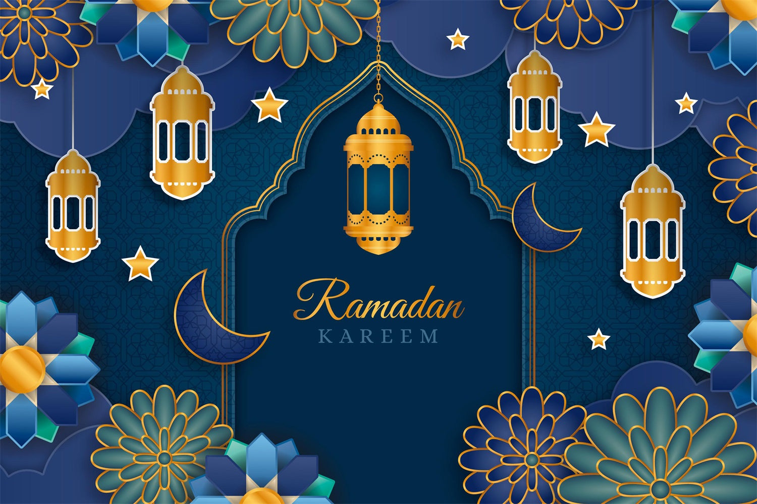 Ramadan Mubarak Backdrop Blue Gold Lanterns Floral Arch Backdrop GQ3-2