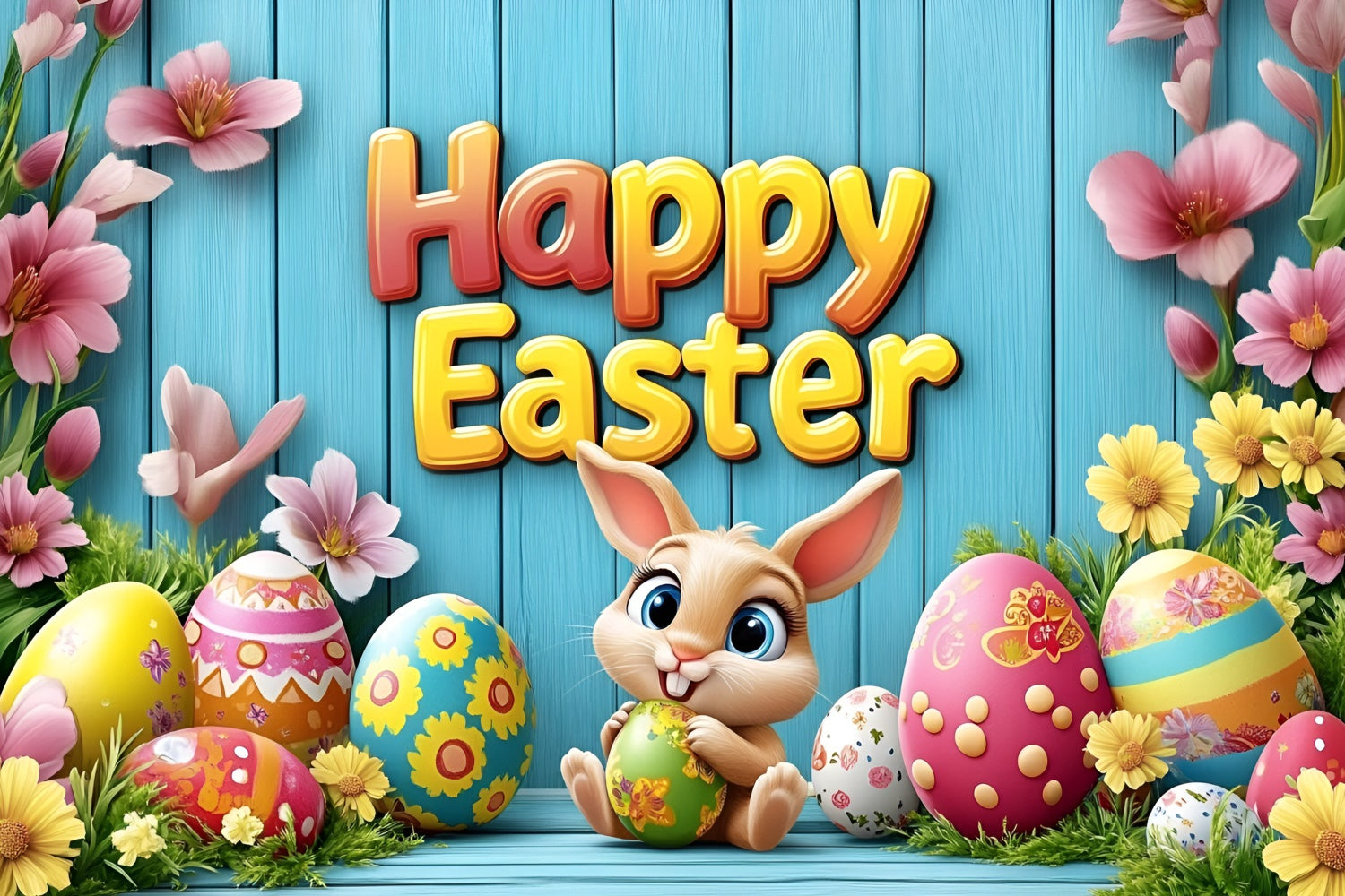 Easter Photo Backdrop Cute Rabbit Flower Personalized Backdrop GQ3-210