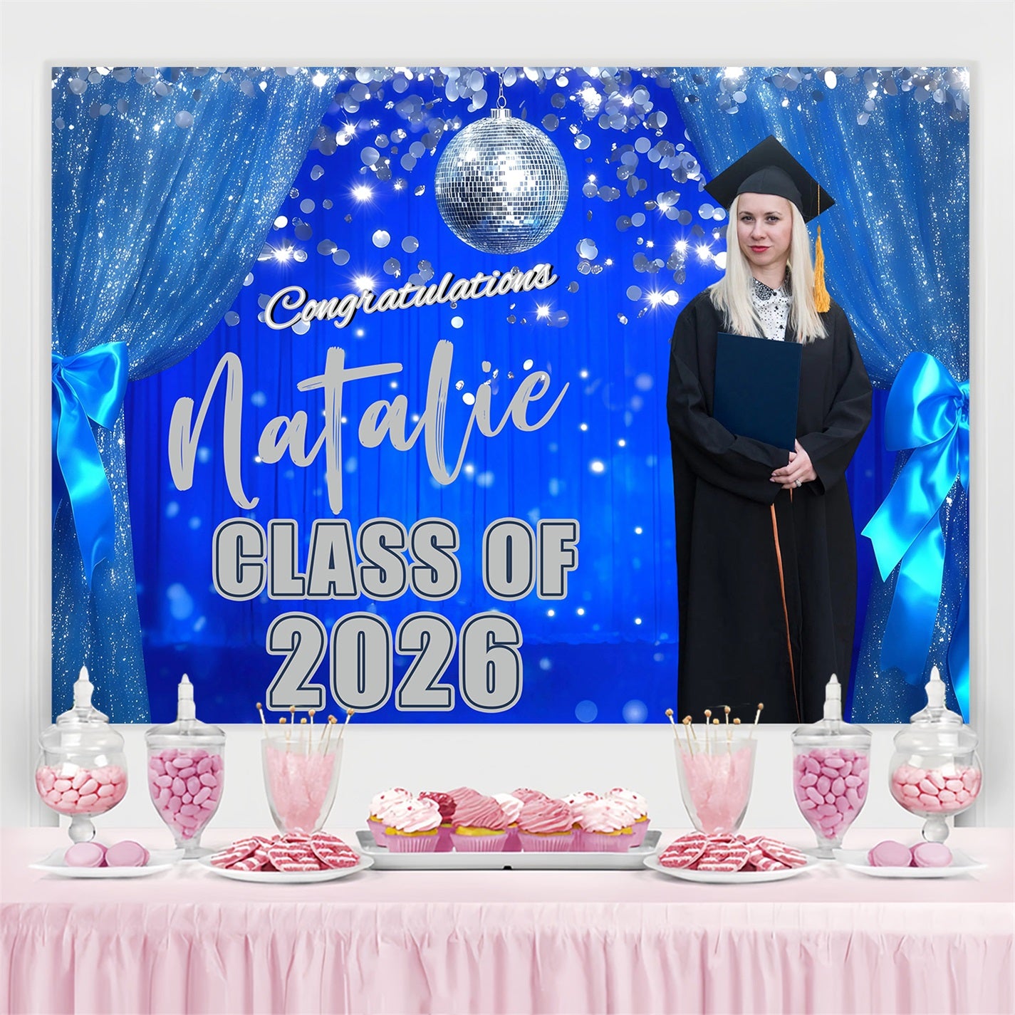 Custom Graduation Backdrop Glitter Drapes Blue Graduation Party Backdrop GQ3-239