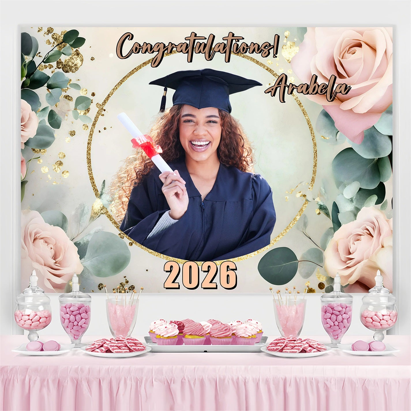 Personalized Graduation Backdrop Soft Rose Frame Graduation Party Backdrop GQ3-241
