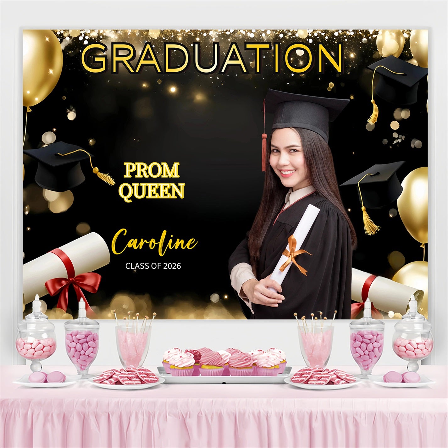 Prom 2026 Backdrop Gold Balloons Shiny Graduation Party Customized Backdrop GQ3-244